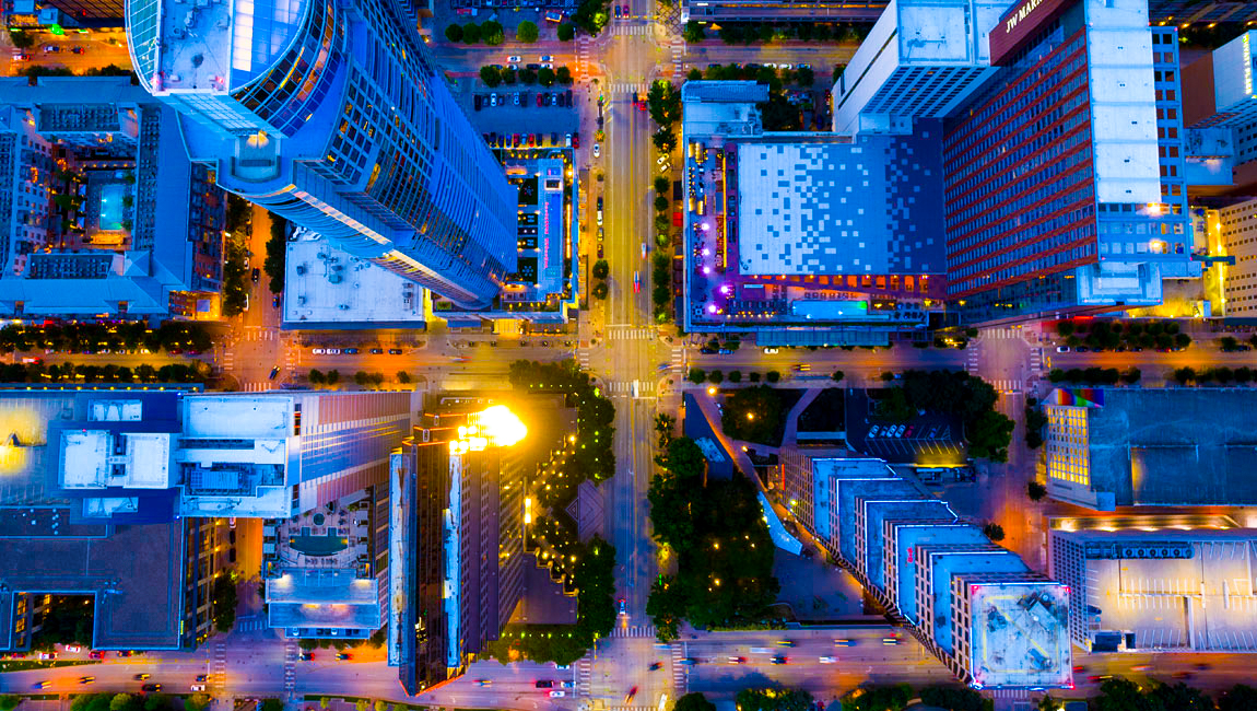 Aerial view of office buildings at night